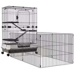 Cage pour petits animaux roulante 3 plates-formes démontables 3 rampes plateau inférieur amovible métal PP 182 x 81 x 114 cm ...