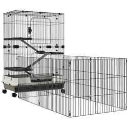 Cage pour petits animaux roulante 3 plates-formes démontables 3 rampes plateau inférieur amovible métal PP 182 x 81 x 114 cm noir