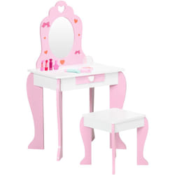 Zonekiz - Coiffeuse enfant design girly motif coeur - tiroir, miroir, tabouret inclus - mdf - blanc rose