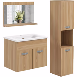 Ce splendide ensemble meuble sous-vasque suspendu (vasque incluse) avec miroir-étagère et meuble colonne mural assorti ajoute ...