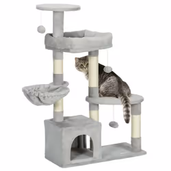 Arbre à chat griffoirs sisal naturel niche plateformes panier hamac jeux boules suspendues peluche gris