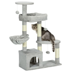 Arbre à chat griffoirs sisal naturel niche plateformes panier hamac jeux boules suspendues peluche gris