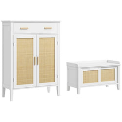 Lot de Banc à chaussures + Meuble à chaussures - HOMCOM - Bois - 80x35x110cm - Blanc