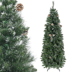 Sapin de Noël artificiel aspect enneigé Ø 65 x 180H cm 37 pommes de pin 618 branches épines imitation Nordmann grand réalisme