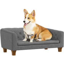 Canapé chien lit pour chien style Chesterfield dossier capitonné coussin moelleux pieds bois polyester gris