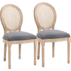 Lot de 2 chaises de salle à manger - chaise de salon médaillon style Louis xvi - bois massif sculpté, patiné - dossier cannage - aspect lin gris