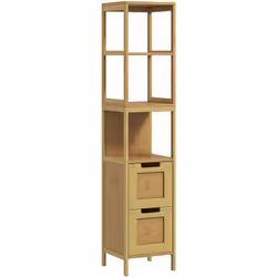 Description générale Ce sublime meuble colonne de salle de bain en bambou et MDF aspect bois clair, équipé de 3 étagères et 2 ...