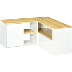 Homcom - Meuble tv d'angle banc tv en l 2 portes 3 niches panneaux aspect bois chêne clair blanc