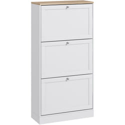 Homcom - Armoire à chaussures 3 portes abattantes 2 compartiments panneaux particules blanc aspect chêne clair