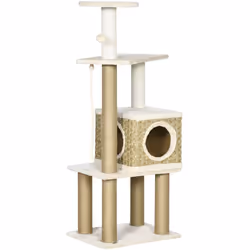 Ce superbe arbre à chat style cosy chic mélant les revêtements en cordes d'algues tressées et peluche courte apportera une to ...