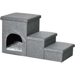 Escalier pour chat chien niche coffre 3 en 1 - 3 marches, coussin inclus - revêtement tissu rembourré doux - structure mdf - gris