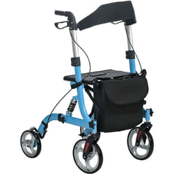 Déambulateur 4 roues - pliable, léger - assise, dossier, hauteur poignées réglable, freins à main - sacoche rangement - alu. bleu noir