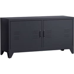 Meuble TV banc TV design industriel - 2 placards, 2 étagères, 4 passe-fils - tôle métal noir