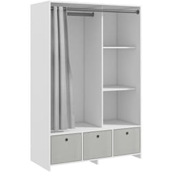 Vestiaire d'entrée - barre de penderie, 3 niches, 3 tiroirs tissu, rideau - panneaux blanc polyester lin gris clair