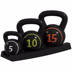 Lot de 3 kettlebells 22 45 et 68 kg SPORTNOW poignée antidérapante - entraînement sport fitness avec plateau de rangement noi ...