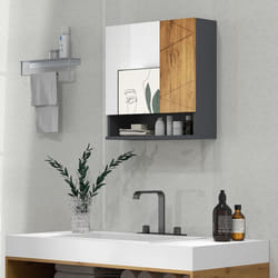 Armoire murale - kleankin - miroir salle de bain rangement 2 portes étagères réglables - bois - 55x17x55cm - naturel gris