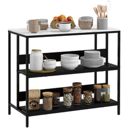 Lot central de cuisine - 2 étagères, plateau - dim. 100L x 50l x 90H cm - châssis acier panneaux noirs plateau aspect marbre blanc