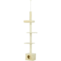 Arbre à chat hauteur réglable 230-260 cm - niche, 3 plateformes - douce peluche courte beige