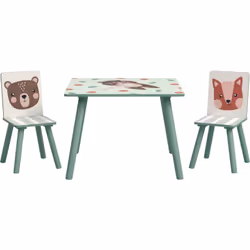 Zonekiz - Ensemble table et chaises enfant design animaux de la forêt - table carrée + 2 chaises - bois pin mdf vert