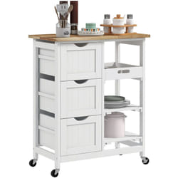 Desserte de cuisine multi-rangement - 3 tiroirs, 2 étagères, plateau amovible - mdf blanc bois hévéa