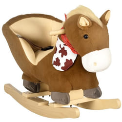 Cheval à bascule cowboy siège grand confort intégré avec ceinture bandanas effet sonore bois peluche marron