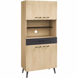 Buffet haut design industriel - 4 portes, 3 étagères, tiroir, niche - métal panneaux noir chêne clair