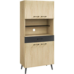 Buffet haut design industriel - 4 portes, 3 étagères, tiroir, niche - métal panneaux noir chêne clair