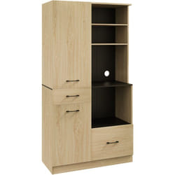 Buffet haut multi-rangement 2 portes 3 étagères 2 tiroirs 4 niches panneaux noir aspect chêne clair