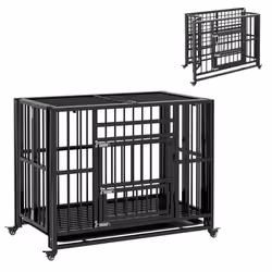 Cage pour chien animaux cage de transport sur roulettes pliable 3 portes verrouillables plateau amovible acier noir