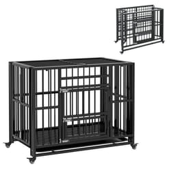 Cage pour chien animaux cage de transport sur roulettes pliable 3 portes verrouillables plateau amovible acier noir