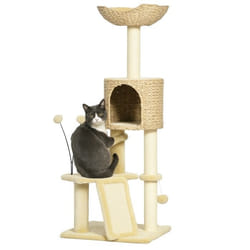 Arbre à chat - PawHut - hauteur 116 cm niche panier plateformes pompons jacinthe deau - peluche - beige