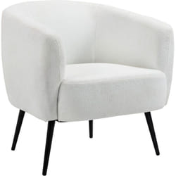 Fauteuil lounge design - piètement effilé incliné métal noir - revêtement effet laine bouclée blanc cassé