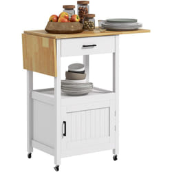 Desserte de cuisine extensible sur roulettes - porte, niche, tiroir - rallonges bois hévéa verni mdf blanc