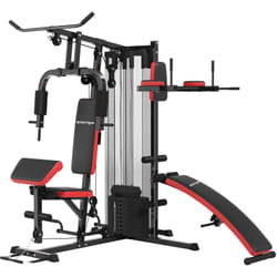 Sportnow - Station de musculation - banc, développé couché, butterfly, barre latissimus et traction, curler, bande résistance, 10 contrepoids - acier