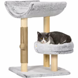 Ce joli arbre à chat design coloris gris clair doté d'un griffoir en chanvre naturel, d'un panier, d'une plateforme d'observa ...