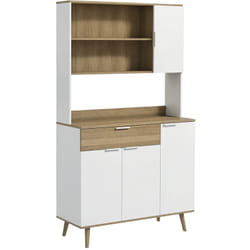Buffet haut design scandinave - 4 portes, 3 étagères, tiroir, 3 niches - panneaux blanc aspect bois