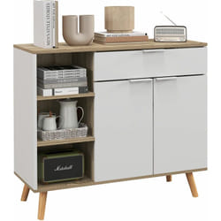 Buffet design scandinave - 2 portes, étagère, tiroir, 3 niches - piètement bois pin panneaux blanc aspect chêne clair