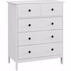 Commode 5 tiroirs style contemporain poignées boutons métal noir mdf panneaux blanc
