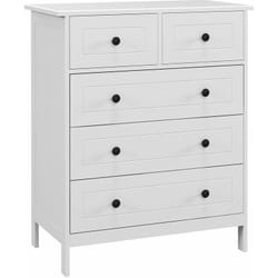 Commode 5 tiroirs style contemporain poignées boutons métal noir mdf panneaux blanc