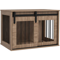 Cage pour chien animaux style indisutriel - porte coulissante verrouillable - acier noir panneaux aspect bois