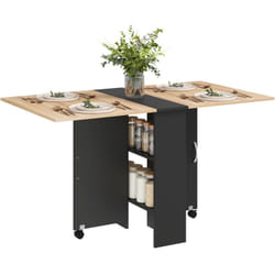 Homcom - Table pliante de cuisine salle à manger amovible sur roulettes 2 étagères intégrées panneaux noir aspect chêne clair