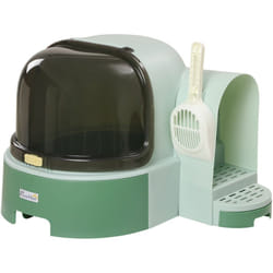 Maison de toilette litière pour chat design capsule spatiale - porte, capot ouvrant, pelle, 2 tiroirs amovibles - vert noir