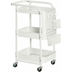 Desserte chariot de rangement en métal à roulettes 3 niveaux avec 2 range-couverts 4 crochets dim.51,5L x 32l x 75,6H cm - blanc