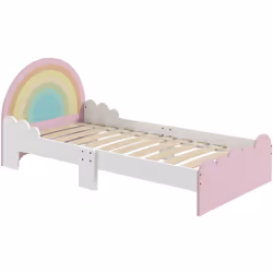 Zonekiz - Lit enfant design girly motifs arc en ciel, nuages - sommier à lattes inclus - mdf contreplaqué rose blanc