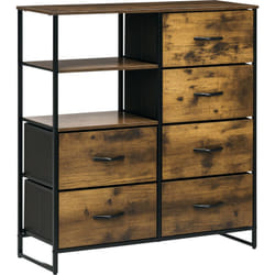 Buffet design industriel - 6 tiroirs, 2 niches, plateau - châssis acier noir mdf aspect bois avec veinage
