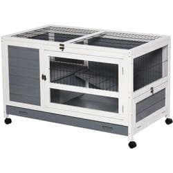 Clapier à lapin sur roulettes cage à lapin 2 niv. 2 portes verrouillables toit ouvrant plateau coulissant rampe bois gris blanc