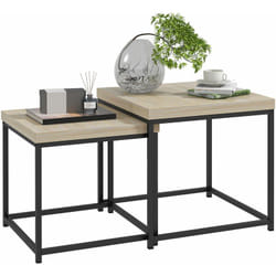 Lot de 2 tables basses gigognes carrées style contemporain - acier noir panneaux aspect chêne clair