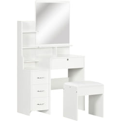 Homcom - Ensemble coiffeuse tabouret design contemporain multi-rangement 4 tiroirs 4 étagères grand miroir blanc