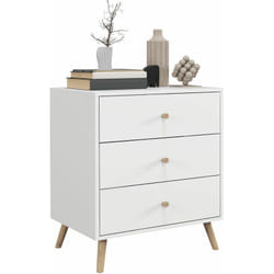 Commode 3 tiroirs design scandinave piètement effilé incliné bois pin MDF blanc