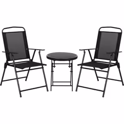 Ce salon de jardin design 2 places composé d'une table ronde pliable et de 2 chaises pliantes avec accoudoirs sera idéal pour ...